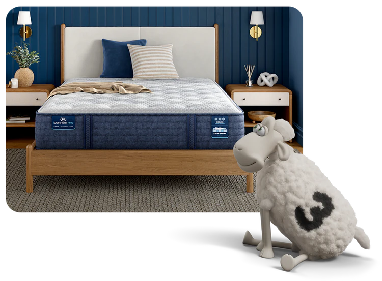 Serta  mattress on a bedroom in a serene blue bedroom. A Serta sheep overlays this image smiling.